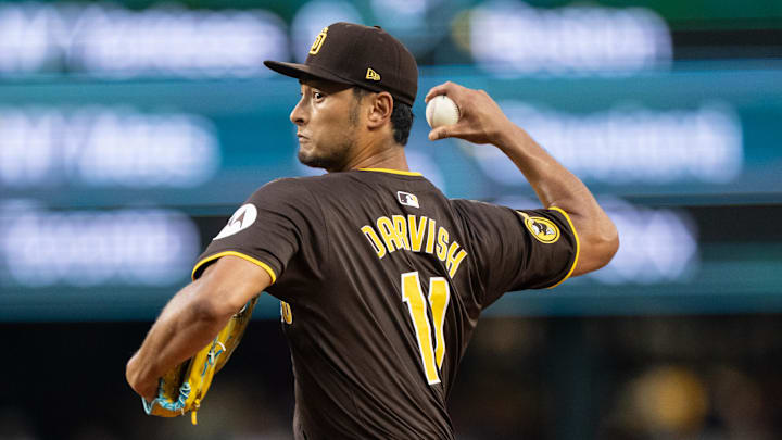 Sep 10, 2024; Seattle, Washington, USA; San Diego Padres Yu Darvish (11) double play during the second inning against the Seattle Mariners at T-Mobile Park. 