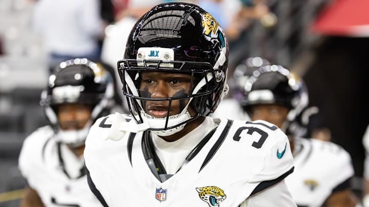 Nov 23, 2025; Glendale, Arizona, USA; Jacksonville Jaguars cornerback Montaric Brown (30) against the Arizona Cardinals at State Farm Stadium. Mandatory Credit: Mark J. Rebilas-Imagn Images