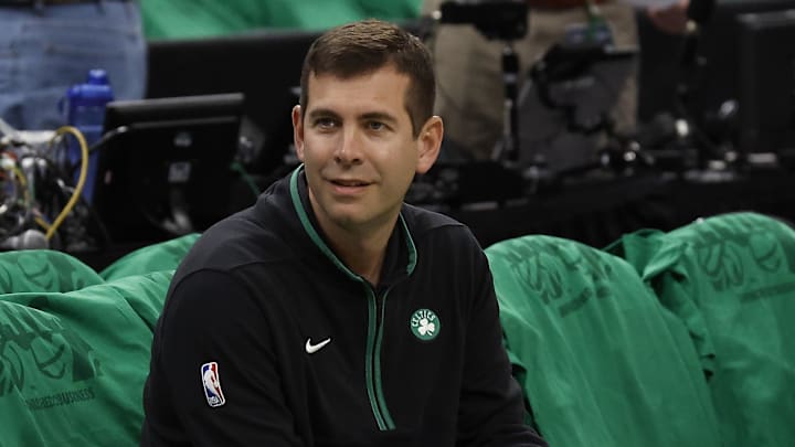 May 14, 2023; Boston, Massachusetts, USA; Boston Celtics president of basketball operations Brad Stevens looks on before game seven of the 2023 NBA playoffs between the Boston Celtics and the Philadelphia 76ers at TD Garden. Mandatory Credit: Winslow Townson-Imagn Images
