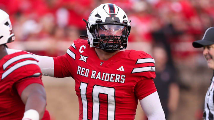 Texas Tech's Jacob Rodriguez calls out the defense during a non-conference football game against Arkansas-Pine Bluff, Saturday, Aug. 30, 2025, at Jones AT&T Stadium.