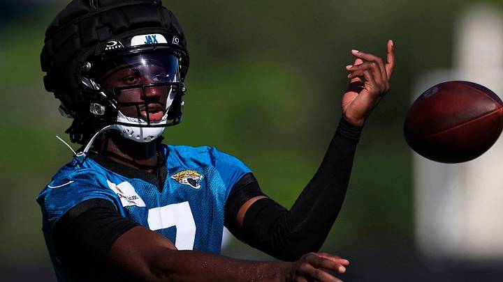 Jacksonville Jaguars wide receiver Brian Thomas Jr. (7) tosses the ball during the first day of an NFL football training camp practice Wednesday, July 24, 2024 at EverBank Stadiumâ€™s Miller Electric Center in Jacksonville, Fla.