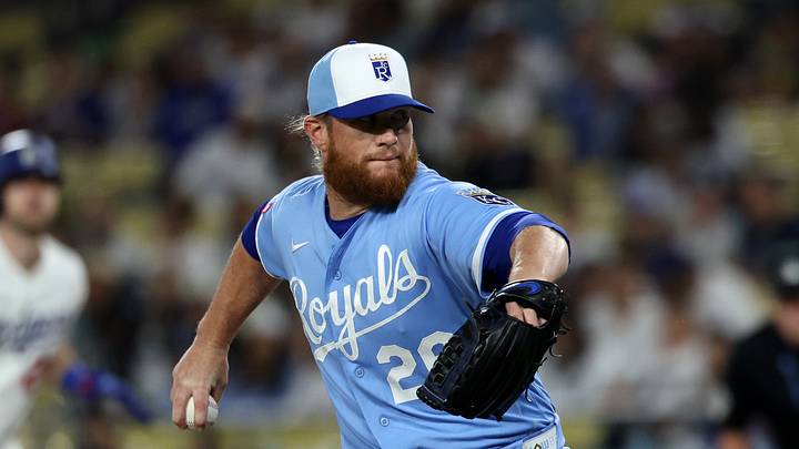 Aug 12, 2026; Los Angeles, California, USA;  Kansas City Royals pitcher Craig Kimbrel (26) pitches during the eighth inning against the Los Angeles Dodgers at Dodger Stadium. Mandatory Credit: Kiyoshi Mio-Imagn Images