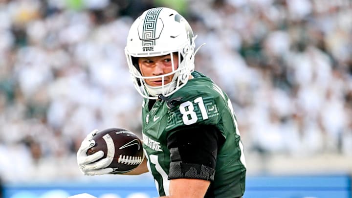 Michigan State's Michael Masunas runs after a catch against Western Michigan during the second quarter on Friday, Aug. 29, 2025, in East Lansing. Michigan State's Michael Masunas runs after a catch against Western Michigan during the second quarter on Friday, Aug. 29, 2025, in East Lansing.