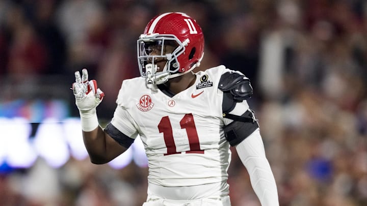 Dec 19, 2025; Norman, OK, USA; Alabama Crimson Tide defensive lineman Jordan Renaud (11) against the Oklahoma Sooners during the CFP National Playoff First Round at Gaylord Family Oklahoma Memorial Stadium. Mandatory Credit: Mark J. Rebilas-Imagn Images