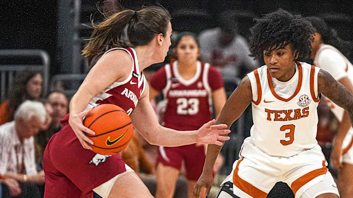 Texas Longhorns guard Rori Harmon (3) guards Arkansas guard Izzy Higginbottom (3) during the game at the Moody Center in Austin, Texas. Texas Longhorns guard Rori Harmon (3) guards Arkansas guard Izzy Higginbottom (3) during the game at the Moody Center in Austin, Texas.