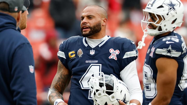 Dallas Cowboys quarterback Dak Prescott looks on during warmups before the game against the Washington Commanders