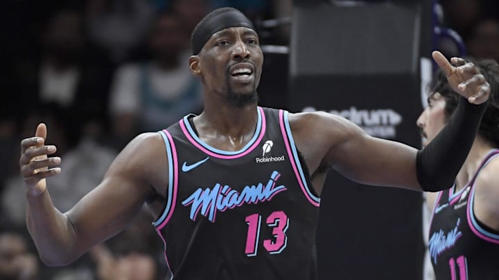 Miami Heat center Bam Adebayo (13) reacts  (Mandatory Credit: Sam Sharpe-Imagn Images.)