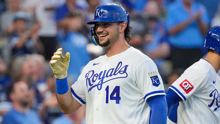 Jun 9, 2026; Kansas City, Missouri, USA; Kansas City Royals right fielder Jac Caglianone (14) celebrates after hitting a two run home run against the Texas Rangers during the sixth inning at Kauffman Stadium. Mandatory Credit: Denny Medley-Imagn Images