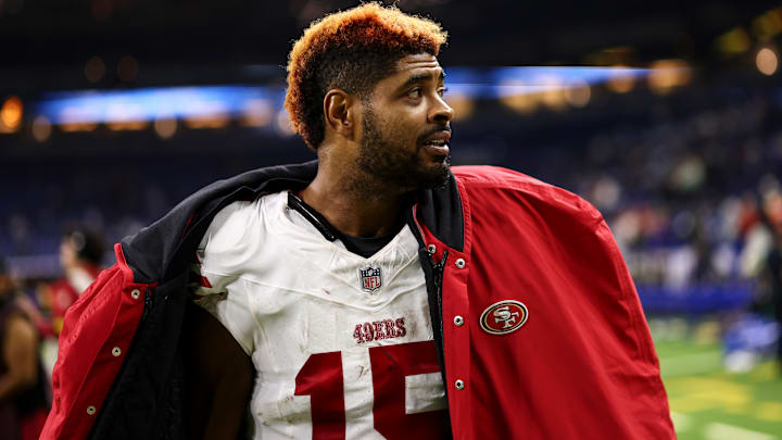 San Francisco 49ers WR Jauan Jennings (15) looks on after a game against the Indianapolis Colts on Dec. 22, 2025.