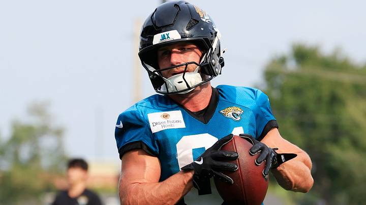 Jacksonville Jaguars wide receiver Austin Trammell (81) runs the ball during the third day of NFL Training Camp at the Miller Electric Center on Friday, July 31, 2026, in Jacksonville, Fla.