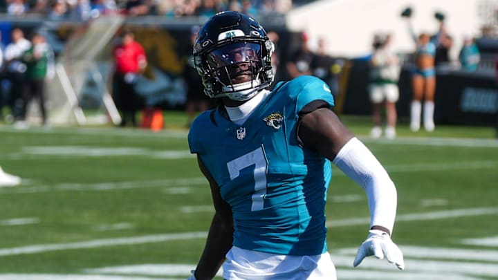 Jacksonville Jaguars wide receiver Brian Thomas Jr. (7) celebrates a touchdown in the first quarter during an NFL football game at EverBank Stadium, Sunday, Dec. 14, 2025, in Jacksonville, Fla. [Doug Engle/Florida Times-Union]