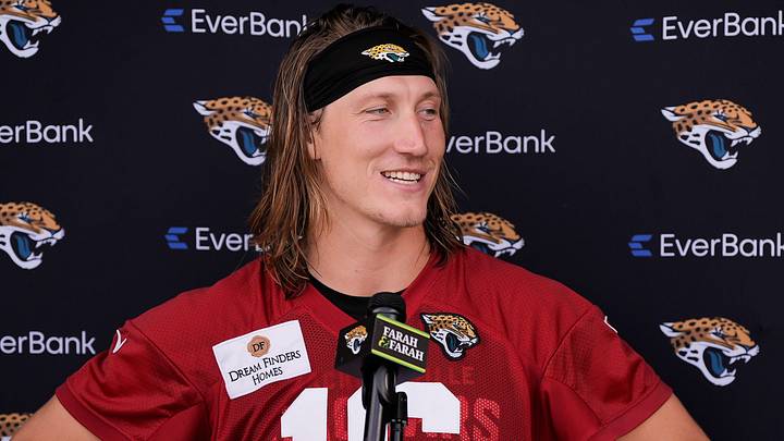 Jacksonville Jaguars quarterback Trevor Lawrence (16) answers questions after a joint Buccaneers‑Jaguars NFL practice Wednesday, August 26, 2026 at the Miller Electric Center in Jacksonville, Fla. [Doug Engle/Florida Times-Union]