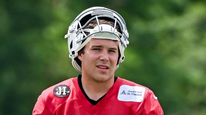 Indianapolis Colts quarterback Riley Leonard (15) looks on during minicamp Indianapolis Colts quarterback Riley Leonard (15) looks on during minicamp