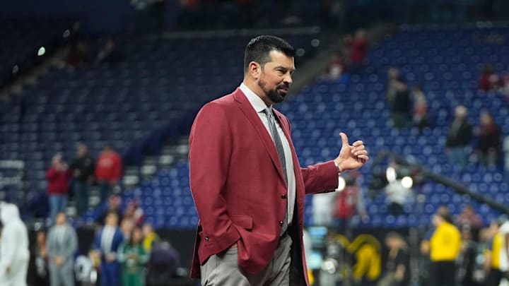 Ohio State Buckeyes head coach Ryan Day walks out on the field after arriving prior to the Big Ten Conference championship game against the Indiana Hoosiers at Lucas Oil Stadium in Indianapolis on Dec. 6, 2025.