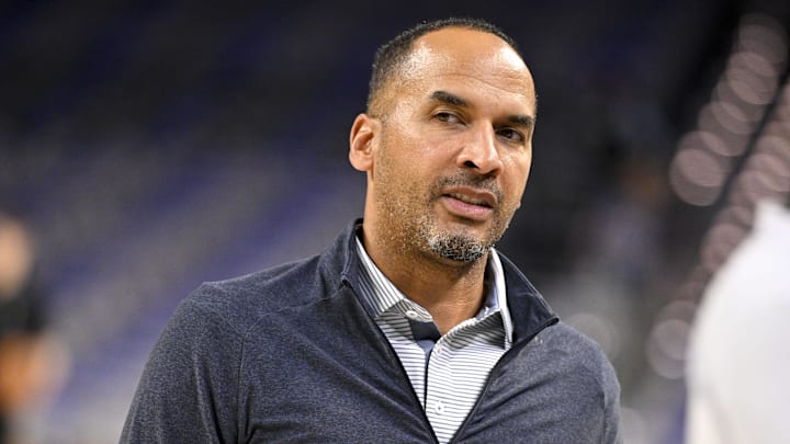 Oct 6, 2025; Fort Worth, Texas, USA; Dallas Mavericks general manager Nico Harrison looks on before the game against the Oklahoma City Thunder at Dickie's Arena. Mandatory Credit: Jerome Miron-Imagn Images