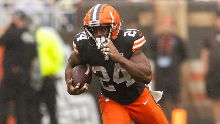 Sep 10, 2023; Cleveland, Ohio, USA; Cleveland Browns running back Nick Chubb (24) runs the ball against the Cincinnati Bengals during the third quarter at Cleveland Browns Stadium. Mandatory Credit: Scott Galvin-Imagn Images