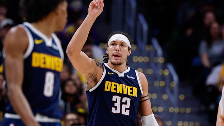 Jan 20, 2026; Denver, Colorado, USA; Denver Nuggets forward Aaron Gordon (32) gestures in the first quarter against the Los Angeles Lakers at Ball Arena. Jan 20, 2026; Denver, Colorado, USA; Denver Nuggets forward Aaron Gordon (32) gestures in the first quarter against the Los Angeles Lakers at Ball Arena.