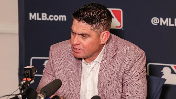 Dec 8, 2025; Orlando, FL, USA; New York Mets manager Carlos Mendoza speaks with the media during the 2025 MLB Winter Meetings at Signia by Hilton Hotel. Dec 8, 2025; Orlando, FL, USA; New York Mets manager Carlos Mendoza speaks with the media during the 2025 MLB Winter Meetings at Signia by Hilton Hotel.