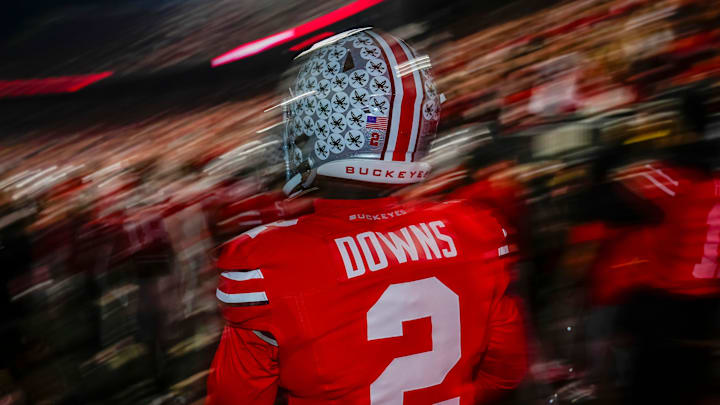 Ohio State Buckeyes defensive back Caleb Downs (2) takes the field for warm-ups prior to the NCAA football game against the UCLA Bruins at Ohio Stadium in Columbus on Nov. 15, 2025. Ohio State Buckeyes defensive back Caleb Downs (2) takes the field for warm-ups prior to the NCAA football game against the UCLA Bruins at Ohio Stadium in Columbus on Nov. 15, 2025.