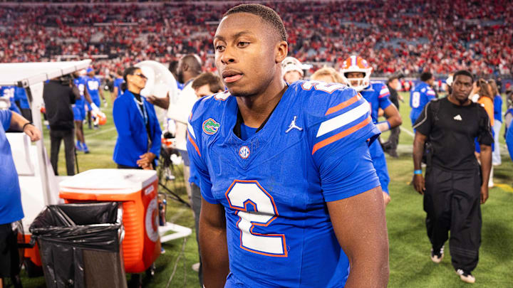 Florida Gators quarterback DJ Lagway (2) walks off the field after Georgia defeated Florida 24-20 in an NCAA football game, Saturday, Nov. 1, 2025, at EverBank Stadium in Jacksonville, Fla. [Doug Engle/Florida Times-Union]