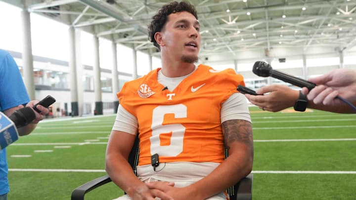 Tennessee quarterback Joey Aguilar (6) speaks to the media during football media day, in Knoxville, Tennessee, July 29, 2025.