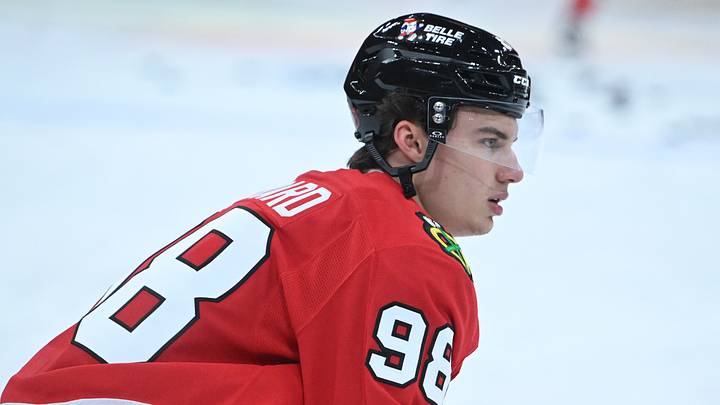 Oct 13, 2026; Chicago, Illinois, USA;  Chicago Blackhawks center Connor Bedard (98) during warmups before the game against the Pittsburgh Penguins b at United Center.  Mandatory Credit: Matt Marton-Imagn Images