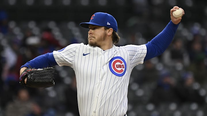 Apr 7, 2025; Chicago, Illinois, USA;  Chicago Cubs pitcher Justin Steele (35) delivers against the Texas Rangers during the first inning at Wrigley Field. 