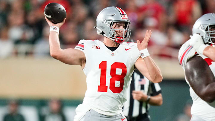 Sep 28, 2024; East Lansing, Michigan, USA; Ohio State Buckeyes quarterback Will Howard (18) makes a pass against the Michigan State Spartans in the first half at Spartan Stadium on Saturday.