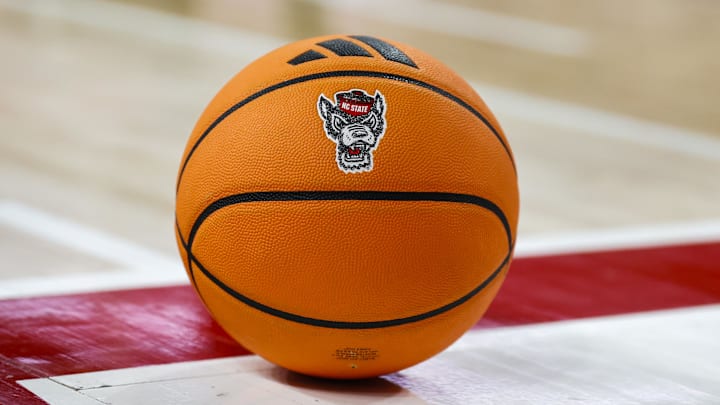 Jan 17, 2026; Raleigh, North Carolina, USA; NC State Wolfpack ball during the second half of the game against the Georgia Tech Yellow Jackets at the Lenovo Center. Mandatory Credit: Jaylynn Nash-Imagn Images