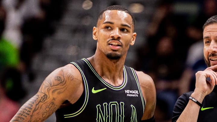 Mar 11, 2026; New Orleans, Louisiana, USA;  New Orleans Pelicans guard Dejounte Murray (5) talks to New Orleans Pelicans Interim Head Coach James Borrego against the Toronto Raptors during the second half at Smoothie King Center. Mandatory Credit: Stephen Lew-Imagn Images