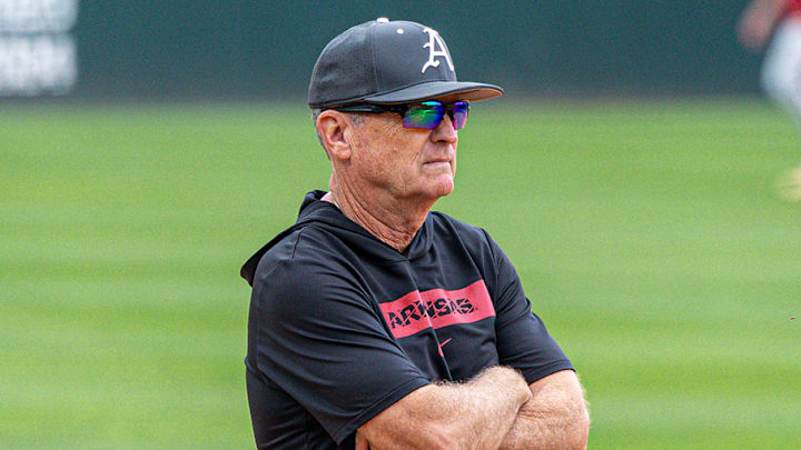 Coach Dave Van Horn watches on as the Razorbacks practice ahead of the NCAA Regional