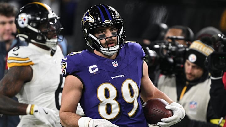 Jan 11, 2025; Baltimore, Maryland, USA; Baltimore Ravens tight end Mark Andrews (89) against the Pittsburgh Steelers in the second quarter in an AFC wild card game at M&T Bank Stadium. Mandatory Credit: Tommy Gilligan-Imagn Images