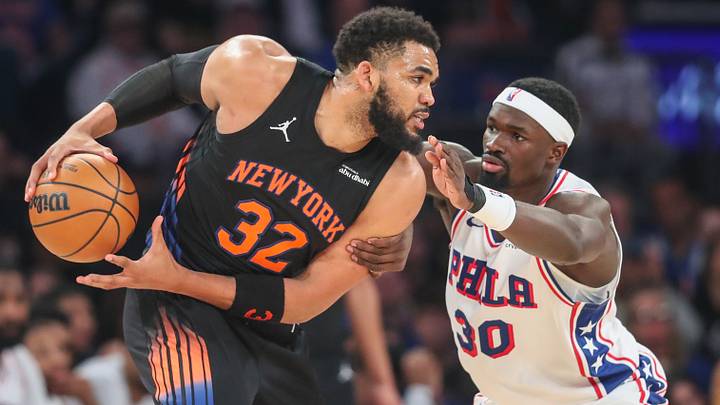 New York Knicks center Karl-Anthony Towns (32) and Philadelphia 76ers center Adem Bona (30) during game five of the second round of the 2026 NBA Playoffs at Madison Square Garden. Mandatory Credit: Wendell Cruz-Imagn Images New York Knicks center Karl-Anthony Towns (32) and Philadelphia 76ers center Adem Bona (30) during game five of the second round of the 2026 NBA Playoffs at Madison Square Garden. Mandatory Credit: Wendell Cruz-Imagn Images