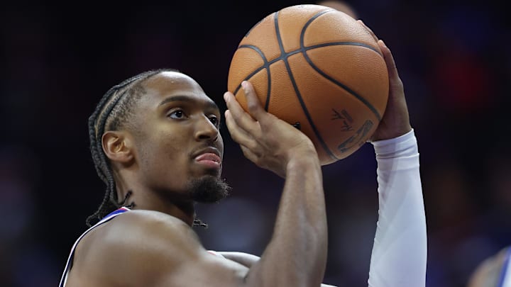 Oct 27, 2025; Philadelphia, Pennsylvania, USA; Philadelphia 76ers guard Tyrese Maxey (0) shoots a foul shot against the Orlando Magic during the third quarter at Xfinity Mobile Arena. Mandatory Credit: Bill Streicher-Imagn Images Oct 27, 2025; Philadelphia, Pennsylvania, USA; Philadelphia 76ers guard Tyrese Maxey (0) shoots a foul shot against the Orlando Magic during the third quarter at Xfinity Mobile Arena. Mandatory Credit: Bill Streicher-Imagn Images