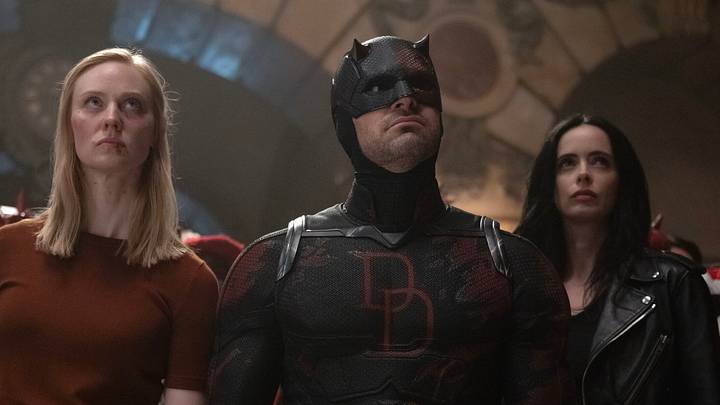 (L-R) Karen Page (Deborah Ann Woll), Matt Murdock/Daredevil (Charlie Cox) and Jessica Jones (Krysten Ritter) in Marvel Television’s DAREDEVIL: BORN AGAIN SEASON 2, exclusively on Disney+. Photo by Jojo Whilden. © 2026 MARVEL.