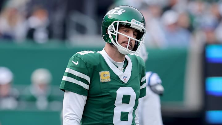 New York Jets quarterback Aaron Rodgers reacts to a play.
