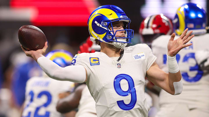 Dec 29, 2025; Atlanta, Georgia, USA; Los Angeles Rams quarterback Matthew Stafford (9) throws a pass against the Atlanta Falcons in the first quarter at Mercedes-Benz Stadium. Mandatory Credit: Brett Davis-Imagn Images