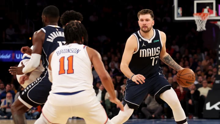 Dec 3, 2022; New York, New York, USA; Dallas Mavericks guard Luka Doncic (77) controls the ball against New York Knicks guard Jalen Brunson (11) during the second quarter at Madison Square Garden. Mandatory Credit: Brad Penner-USA TODAY Sports