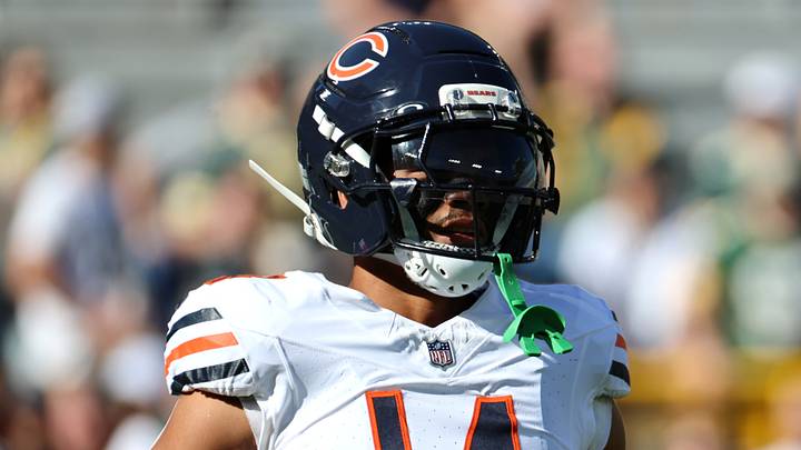 Oct 11, 2026; Green Bay, Wisconsin, USA;  Chicago Bears wide receiver Kalif Raymond (14) looks on during warmups before the game against the Green Bay Packers at Lambeau Field.  Mandatory Credit: Mike Dinovo-Imagn Images