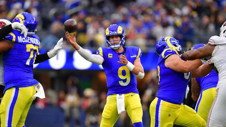 Jan 4, 2026; Inglewood, California, USA; Los Angeles Rams quarterback Matthew Stafford (9) throws downfield against the Arizona Cardinals during the first half at SoFi Stadium. Mandatory Credit: Gary A. Vasquez-Imagn Images Jan 4, 2026; Inglewood, California, USA; Los Angeles Rams quarterback Matthew Stafford (9) throws downfield against the Arizona Cardinals during the first half at SoFi Stadium. Mandatory Credit: Gary A. Vasquez-Imagn Images