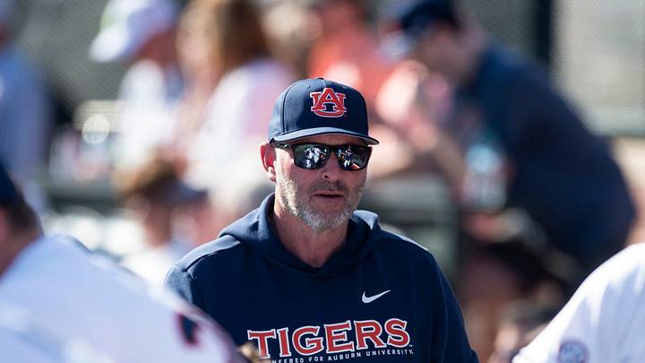 Auburn Tigers head coach Butch Thompson watches on as Auburn Tigers take on Nebraska Cornhuskers at Plainsman Park in Auburn, Ala. on Saturday, Feb. 28, 2026. Auburn Tigers defeated Nebraska Cornhuskers 15-4. Auburn Tigers head coach Butch Thompson watches on as Auburn Tigers take on Nebraska Cornhuskers at Plainsman Park in Auburn, Ala. on Saturday, Feb. 28, 2026. Auburn Tigers defeated Nebraska Cornhuskers 15-4.