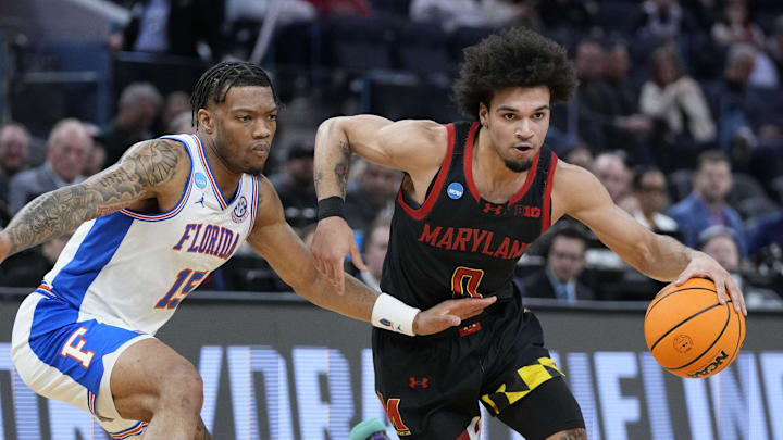 Mar 27, 2025; San Francisco, CA, USA; Maryland Terrapins guard Ja'Kobi Gillespie (0) drives to the hoop past Florida Gators guard Alijah Martin (15) during the first half during a West Regional semifinal of the 2025 NCAA tournament at Chase Center. Mandatory Credit: Kyle Terada-Imagn Images