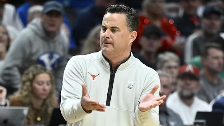 Texas Longhorns head coach Sean Miller in the second half against the BYU Cougars during a first round game of the men's 2026 NCAA Tournament at Moda Center. 