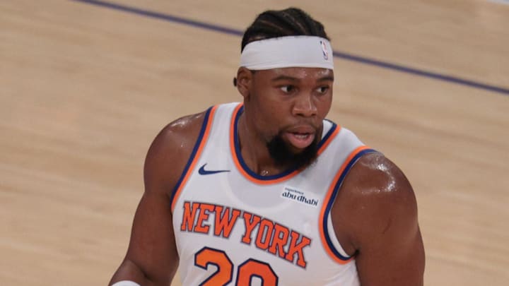 Oct 13, 2025; New York, New York, USA; New York Knicks forward Guerschon Yabusele (28) reacts after making a basket against the Washington Wizards during the first quarter at Madison Square Garden. Mandatory Credit: Vincent Carchietta-Imagn Images Oct 13, 2025; New York, New York, USA; New York Knicks forward Guerschon Yabusele (28) reacts after making a basket against the Washington Wizards during the first quarter at Madison Square Garden. Mandatory Credit: Vincent Carchietta-Imagn Images