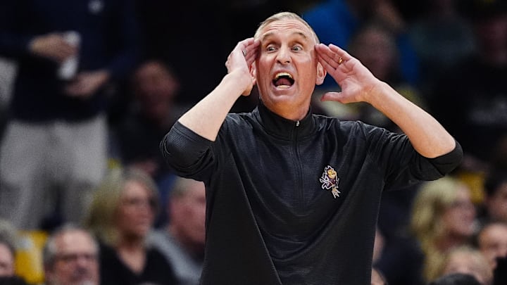 Feb 7, 2026; Boulder, Colorado, USA; Arizona State Sun Devils head coach Bobby Hurley calls out in the second half against the Colorado Buffaloes at the CU Events Center. Mandatory Credit: Ron Chenoy-Imagn Images