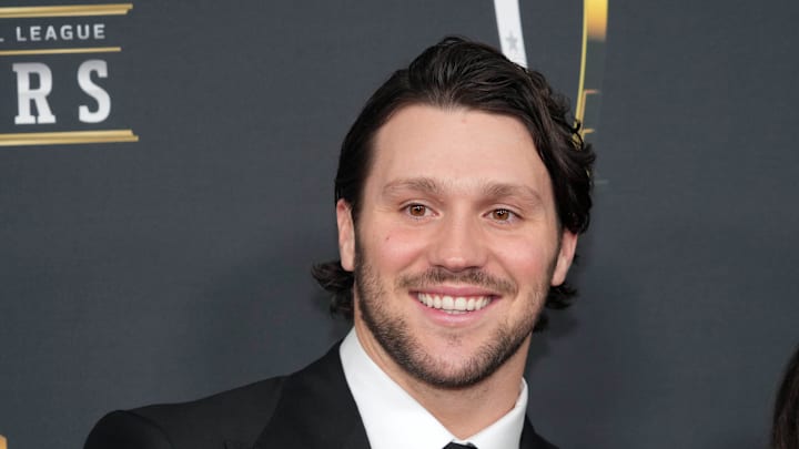 Feb 6, 2025; New Orleans, LA, USA; Josh Allen on the red carpet before Super Bowl LIX NFL Honors at Saenger Theatre. Mandatory Credit: Kirby Lee-Imagn Images