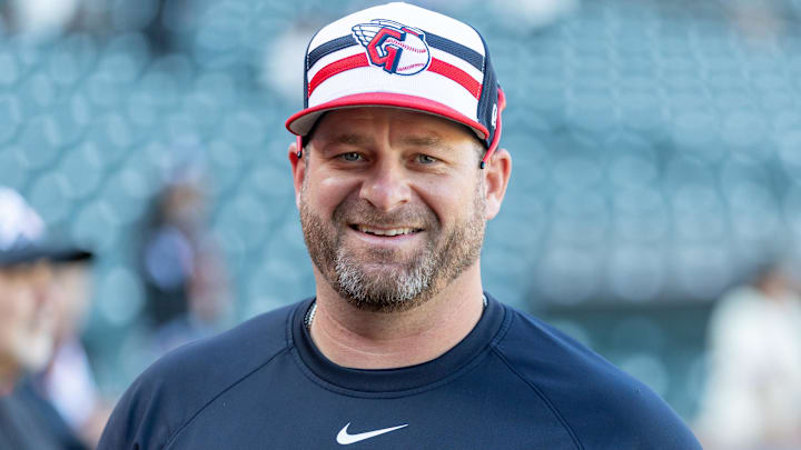 Jun 18, 2025; San Francisco, California, USA;  Cleveland Guardians manager Stephen Vogt works the crowd before the game against the San Francisco Giants at Oracle Park. Mandatory Credit: Bob Kupbens-Imagn Images