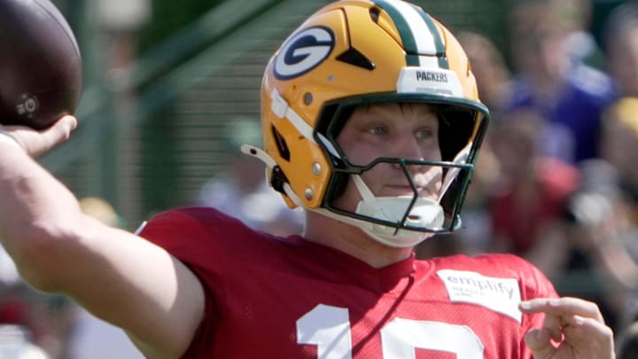 Green Bay Packers quarterback Taylor Elgersma (19) is shown during a joint practice with the Seattle Seahawks on Thursday.