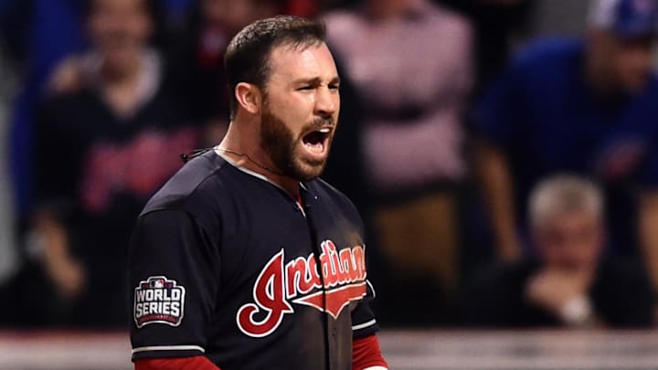 Nov 2, 2016; Cleveland, OH, USA; Cleveland Indians second baseman Jason Kipnis (22) reacts after scoring on a wild pitch against the Chicago Cubs in the fifth inning in game seven of the 2016 World Series at Progressive Field. Mandatory Credit: Ken Blaze-Imagn Images