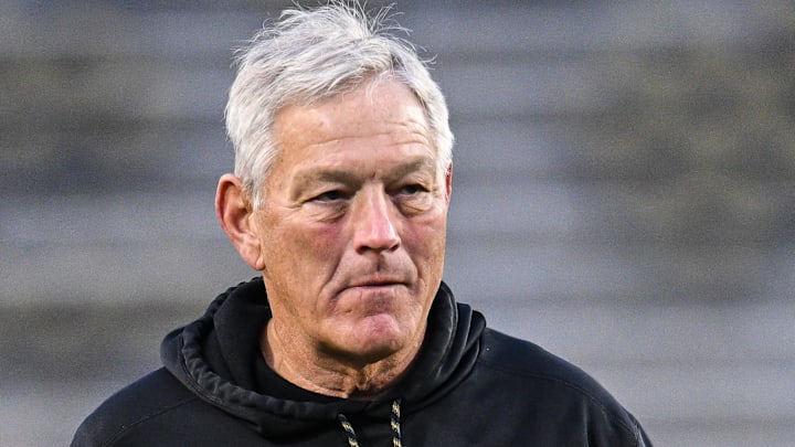 Oct 26, 2024; Iowa City, Iowa, USA; Iowa Hawkeyes head coach Kirk Ferentz walks off the field after a game against the Northwestern Wildcats at Kinnick Stadium. Mandatory Credit: Jeffrey Becker-Imagn Images